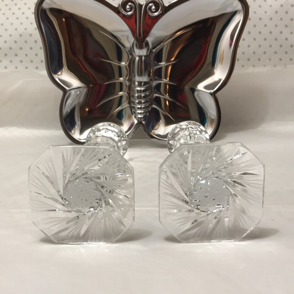 Vintage Pair of Crystal Cut Candlestick Holders Red Christmas Candle Sticks - Picture 4 of 7